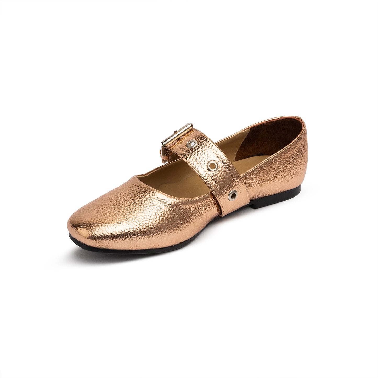 Belt Flat Mary Janes Pebbled Metallic In Rose Gold