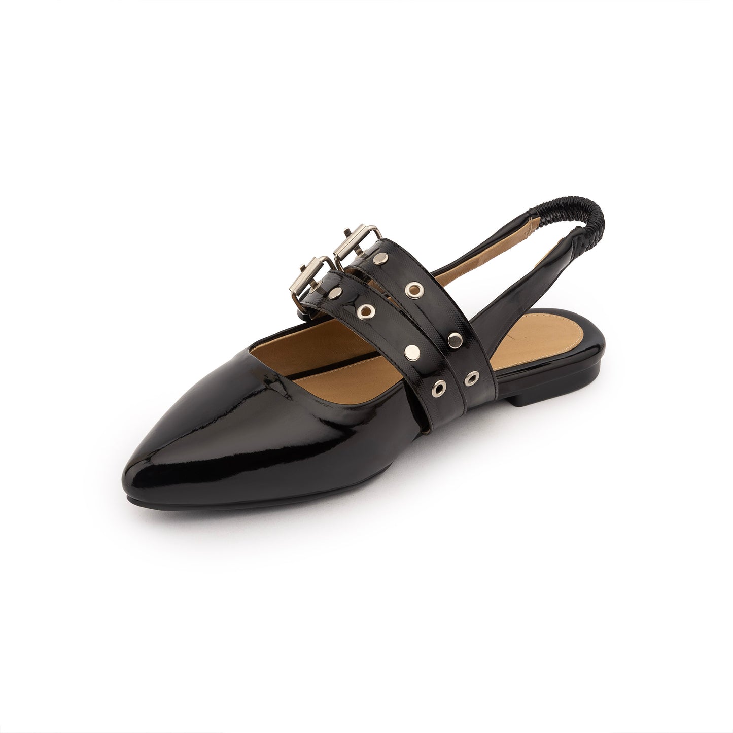 Double Belt Flat Slingbacks Vernis In Black