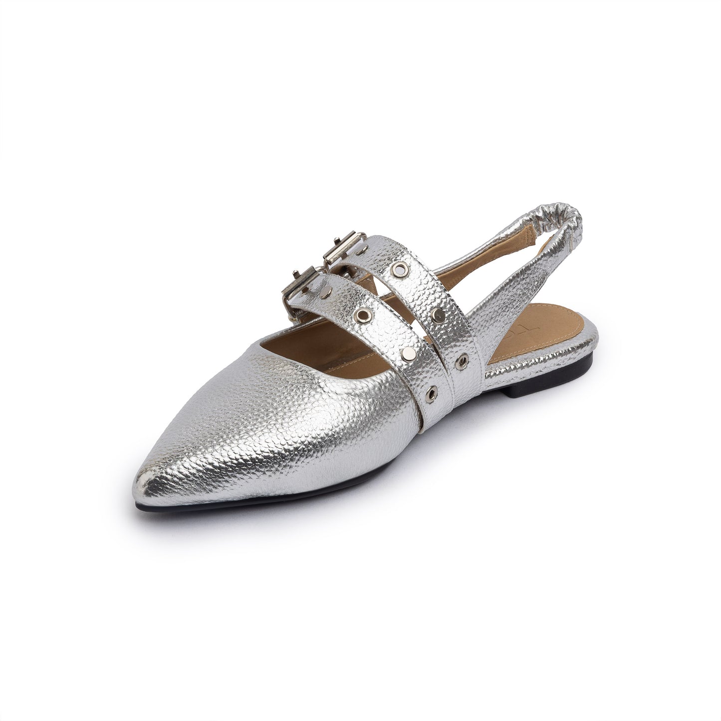 Double Belt Flat Slingbacks Pebbled Metallic In Silver