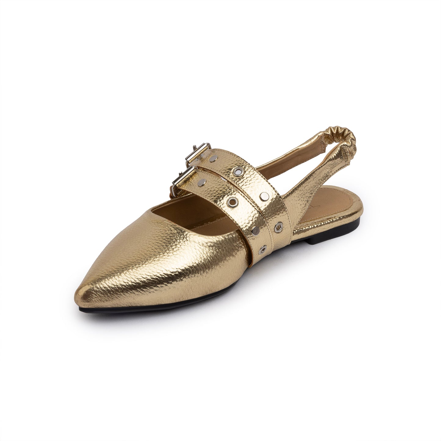 Double Belt Flat Slingbacks Pebbled Metallic In Gold