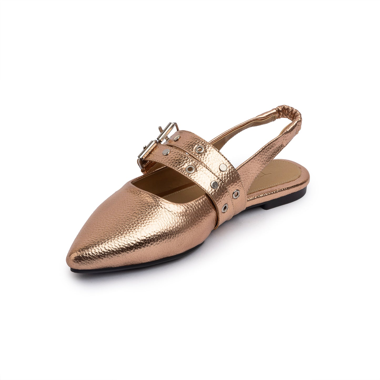 Double Belt Flat Slingbacks Pebbled Metallic In Rose Gold