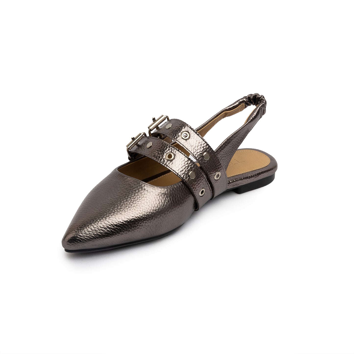 Double Belt Flat Slingbacks Pebbled Metallic In Oxide