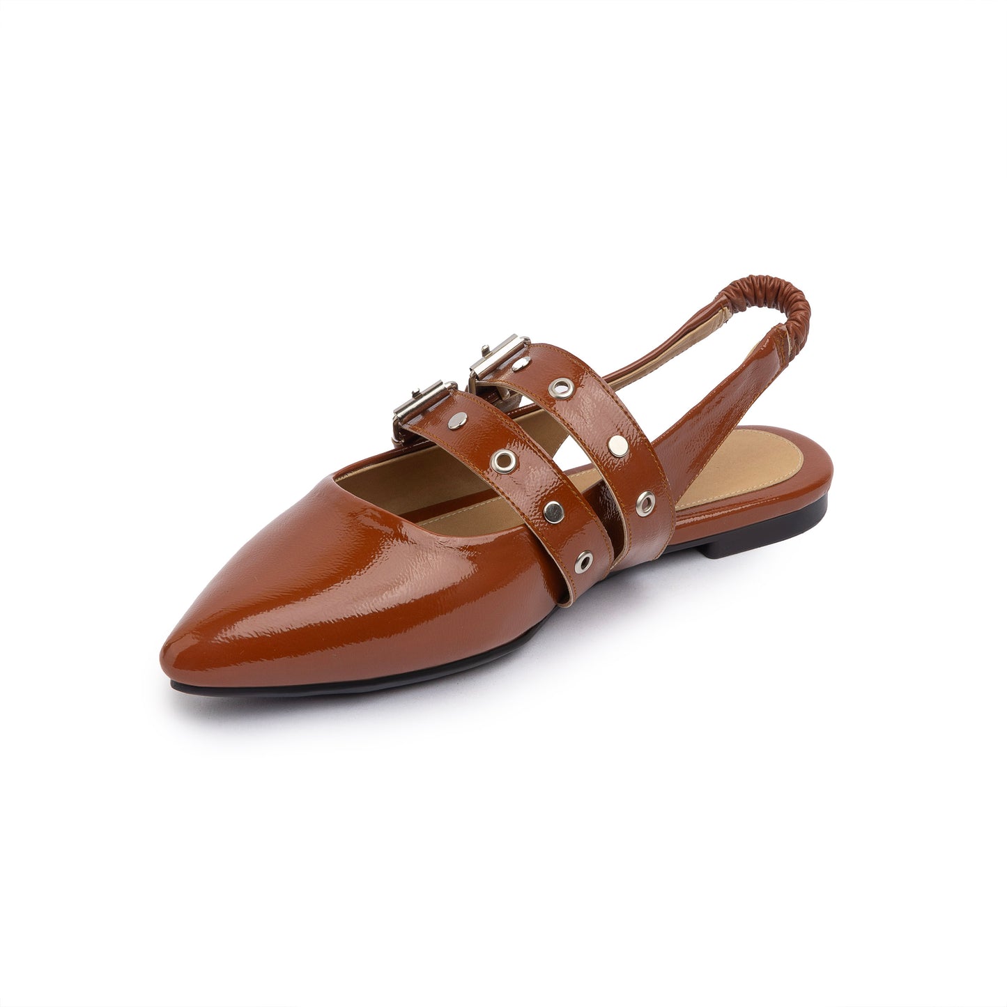Double Belt Flat Slingbacks Glazed Leather