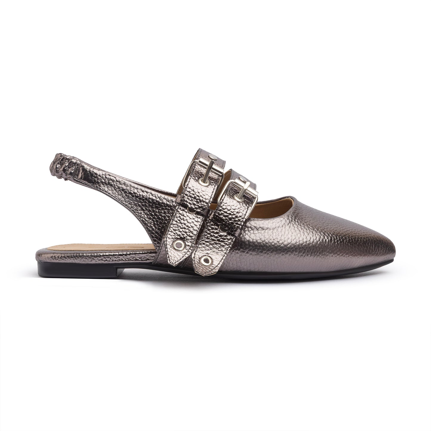 Double Belt Flat Slingbacks Pebbled Metallic In Oxide
