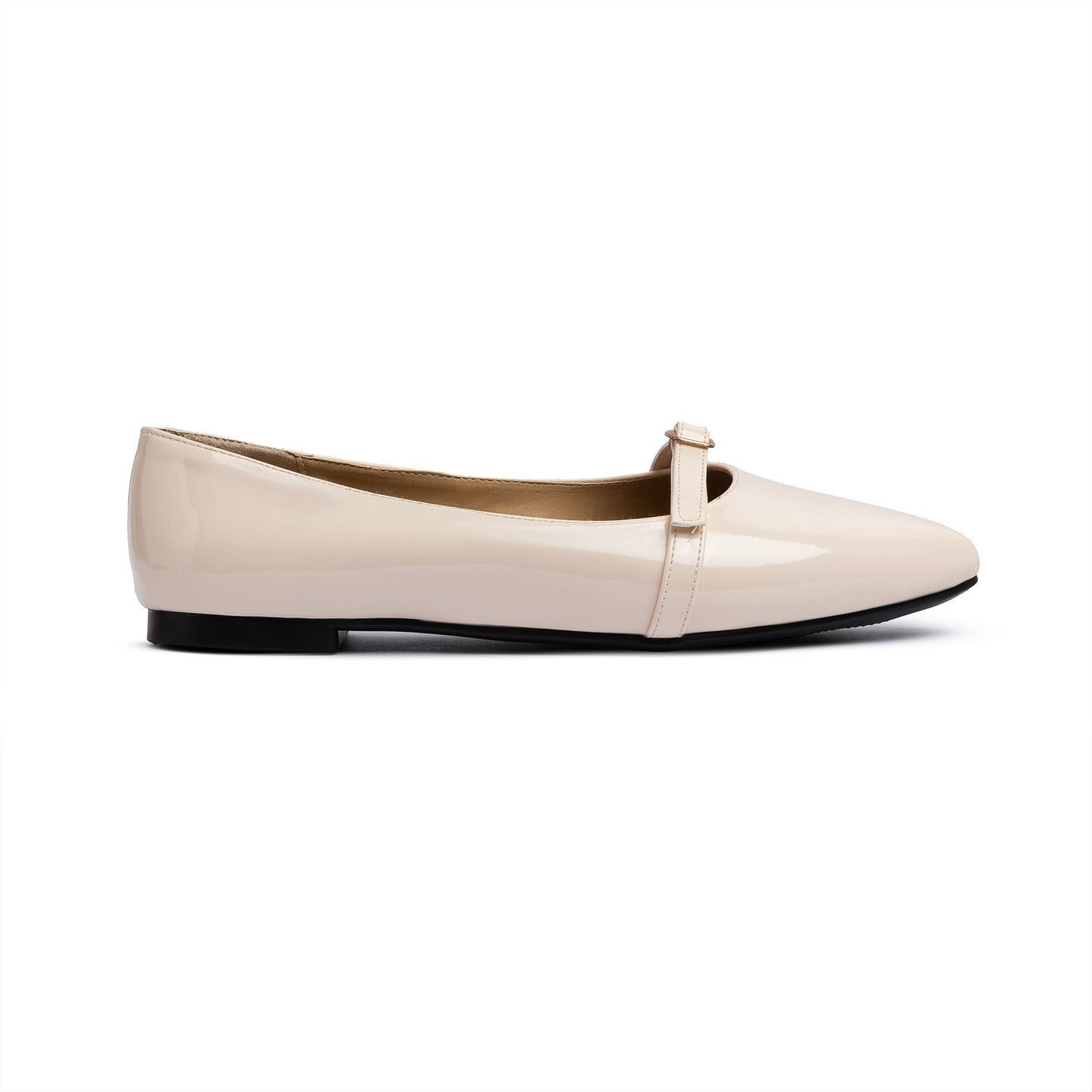 Single Buckle Strap Pointy Ballerina Glazed Leather In Beige
