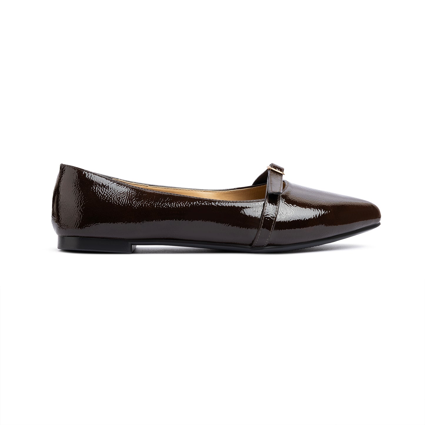 Single Buckle Strap Pointy Ballerina Glazed Leather In Brown