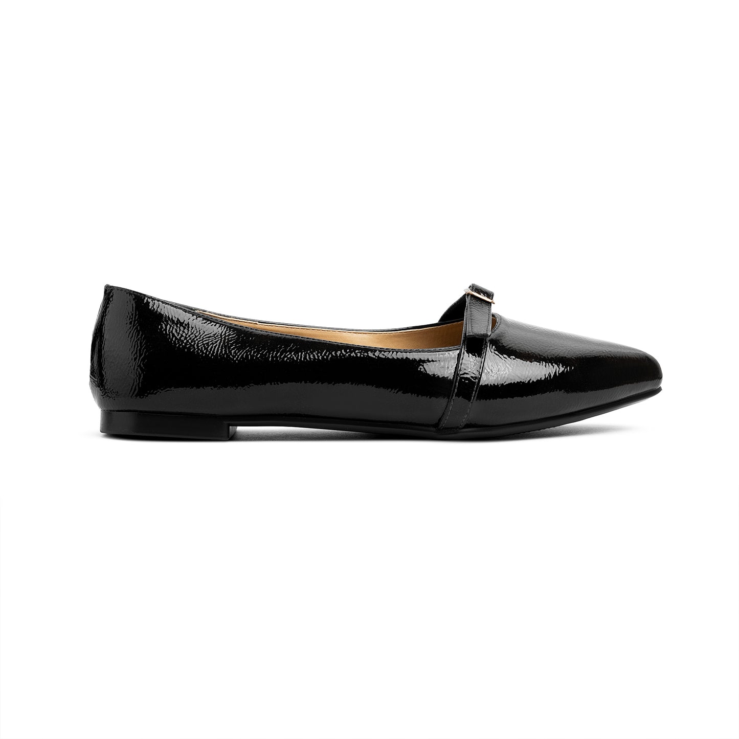 Single Buckle Strap Pointy Ballerina Glazed Leather In Black