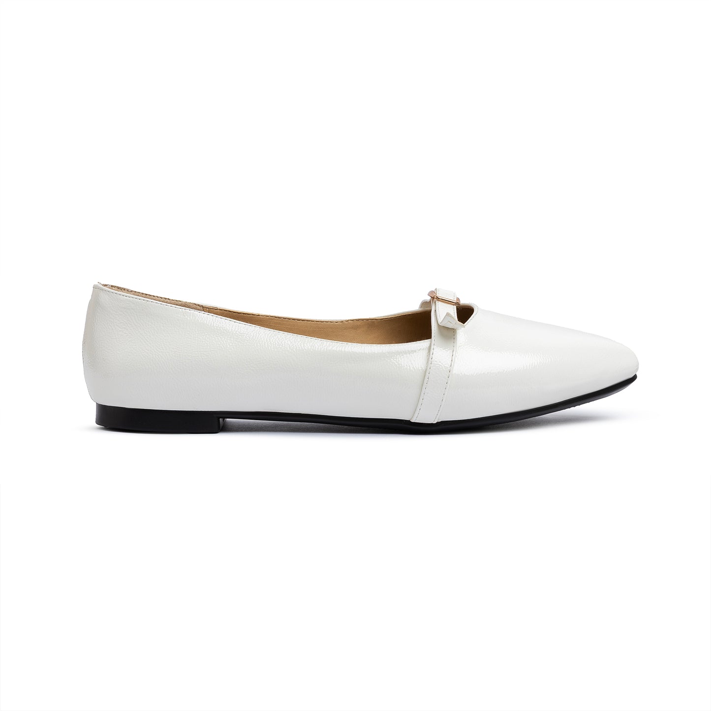 Single Buckle Strap Pointy Ballerina Glazed Leather In White