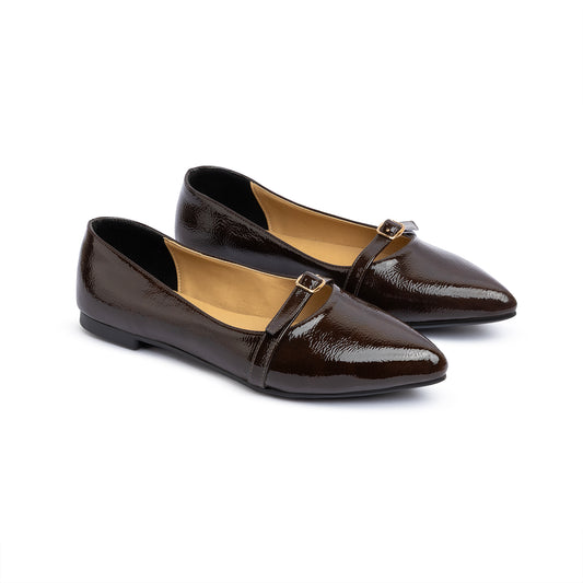 Single Buckle Strap Pointy Ballerina Glazed Leather In Brown