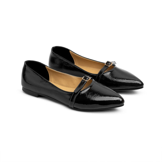 Single Buckle Strap Pointy Ballerina Glazed Leather In Black