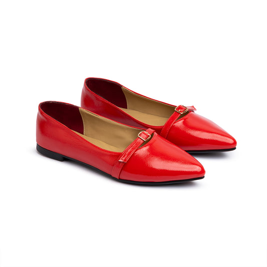 Single Buckle Strap Pointy Ballerina Glazed Leather In Red