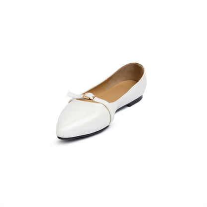 Single Buckle Strap Pointy Ballerina Glazed Leather In White