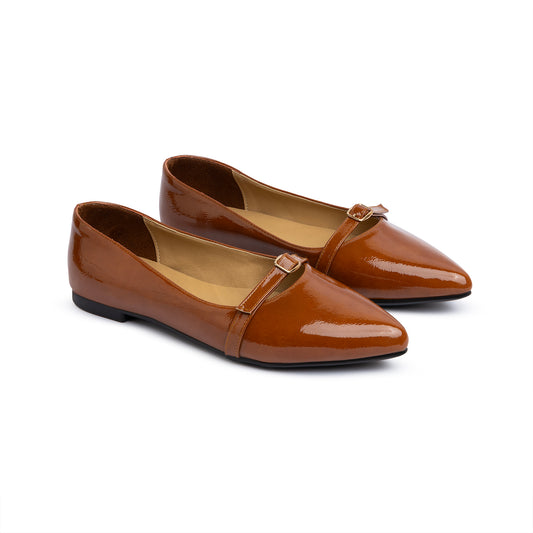 Single Buckle Strap Pointy Ballerina Glazed Leather In Havane