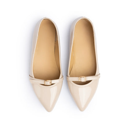 Single Buckle Strap Pointy Ballerina Glazed Leather In Beige