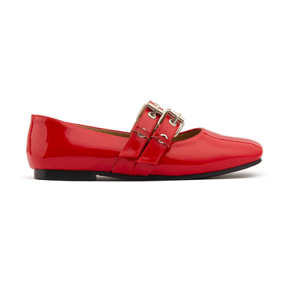 Double Belt Flat Mary Janes Vernis In Red