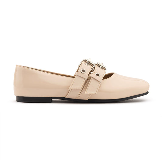 Double Belt Flat Mary Janes Vernis In Beige