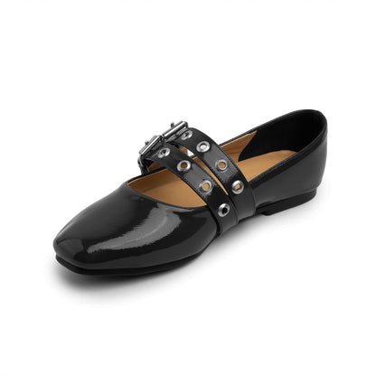Double Belt Flat Mary Janes Glazed Leather In Black