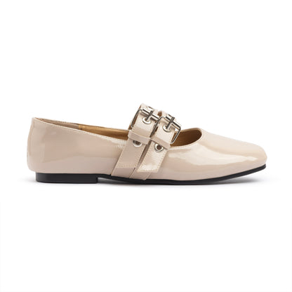 Double Belt Flat Mary Janes Glazed Leather In Beige