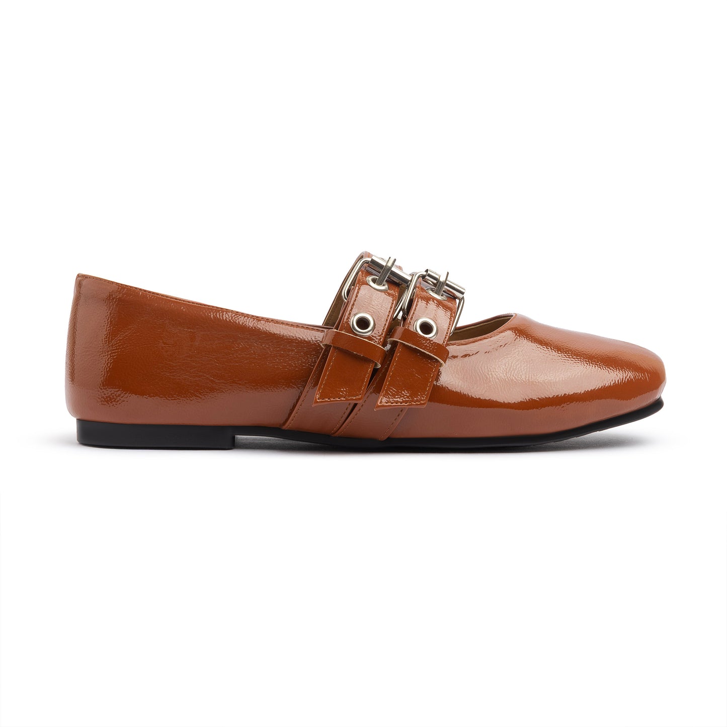 Double Belt Flat Mary Janes Glazed Leather In Havane