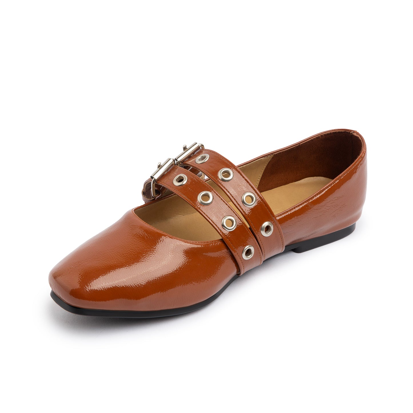 Double Belt Flat Mary Janes Glazed Leather In Havane