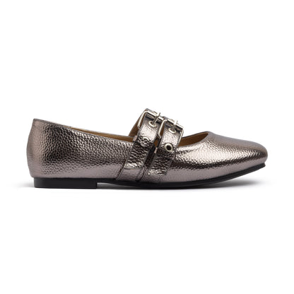 Double Belt Flat Mary Janes Pebbled Metallic In Oxide