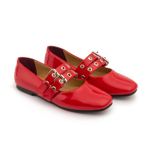 Double Belt Flat Mary Janes Vernis In Red