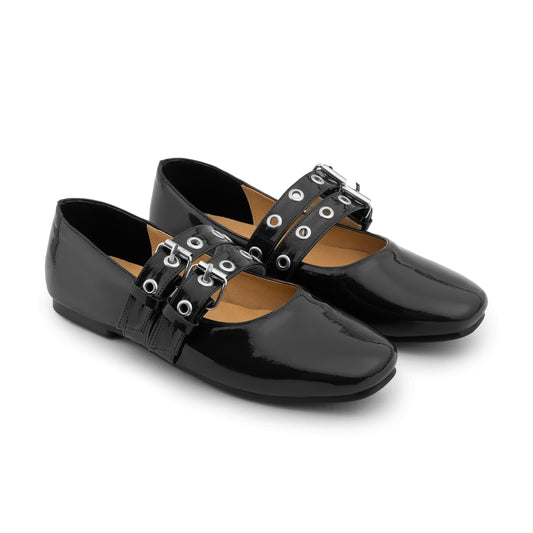 Double Belt Flat Mary Janes Vernis In Black