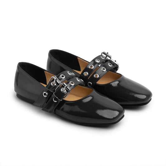 Double Belt Flat Mary Janes Glazed Leather In Black