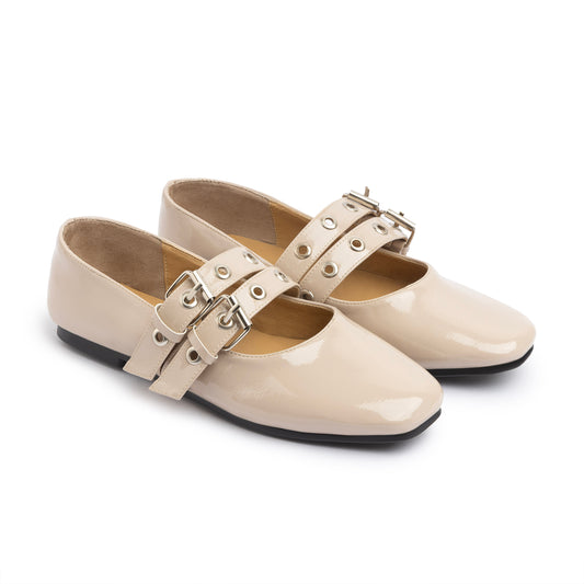 Double Belt Flat Mary Janes Glazed Leather In Beige