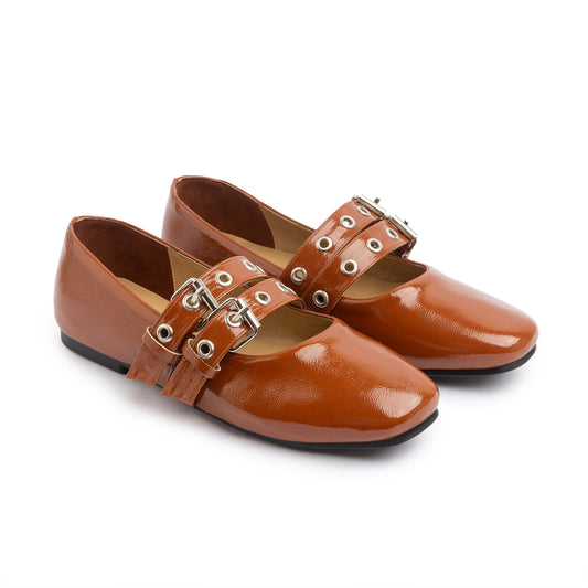 Double Belt Flat Mary Janes Glazed Leather In Havane