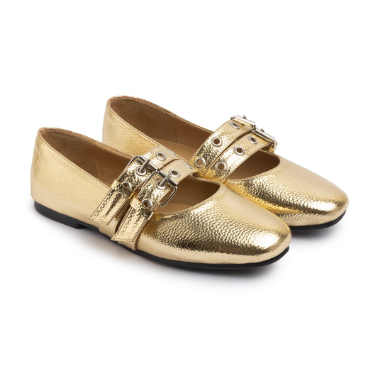 Double Belt Flat Mary Janes Pebbled Metallic In Gold