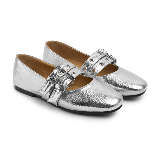 Double Belt Flat Mary Janes Pebbled Metallic In Silver