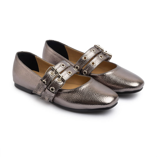 Double Belt Flat Mary Janes Pebbled Metallic In Oxide