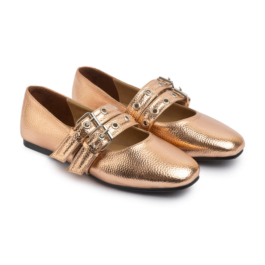 Double Belt Flat Mary Janes Pebbled Metallic In Rose Gold