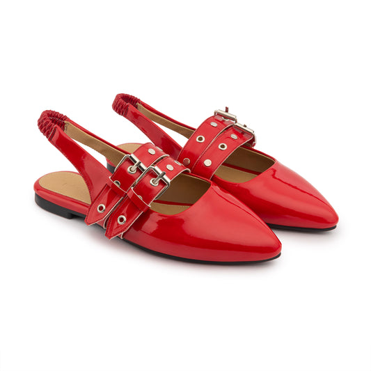 Double Belt Flat Slingbacks Vernis In Red