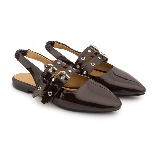 Double Belt Flat Slingbacks Vernis In Brown