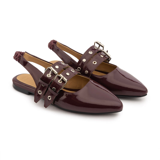 Double Belt Flat Slingbacks Vernis In Burgundy
