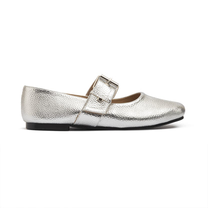 Belt Flat Mary Janes Pebbled Metallic In Silver