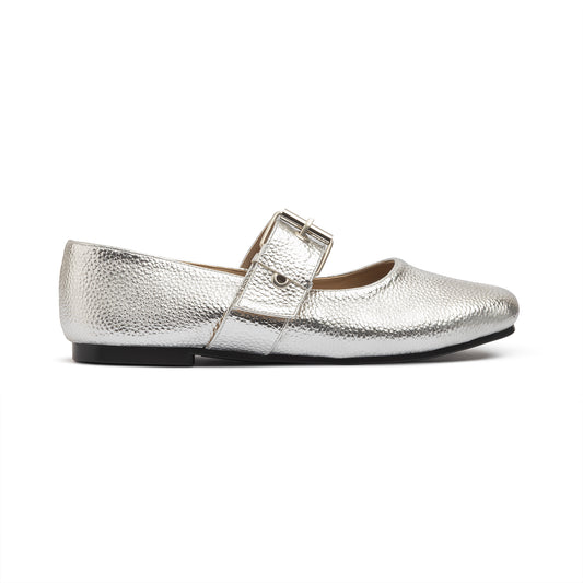 Belt Flat Mary Janes Pebbled Metallic In Silver