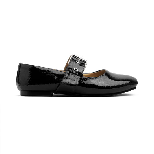 Belt Flat Mary Janes Glazed Leather In Black
