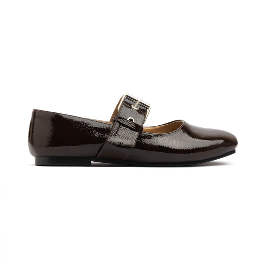 Belt Flat Mary Janes Glazed Leather In Brown