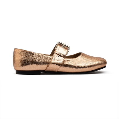 Belt Flat Mary Janes Pebbled Metallic In Rose Gold