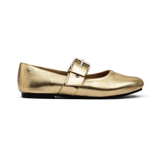 Belt Flat Mary Janes Pebbled Metallic In Gold