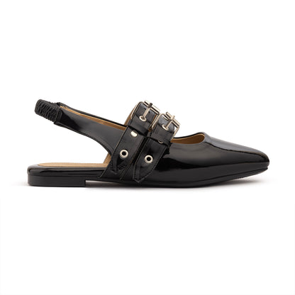 Double Belt Flat Slingbacks Vernis In Black