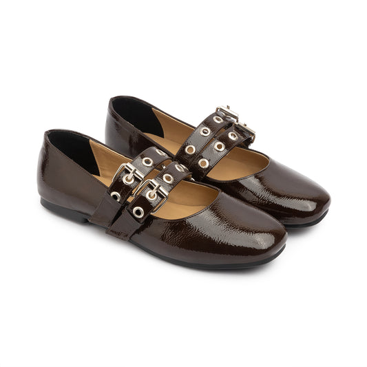 Double Belt Flat Mary Janes Glazed Leather In Brown