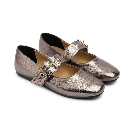 Belt Flat Mary Janes Pebbled Metallic In Oxide