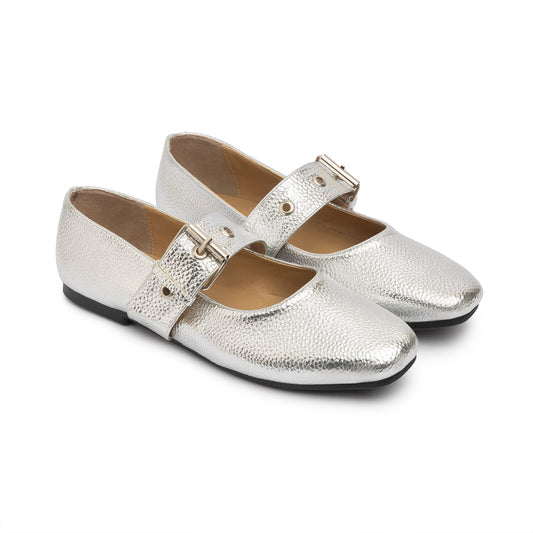 Belt Flat Mary Janes Pebbled Metallic In Silver