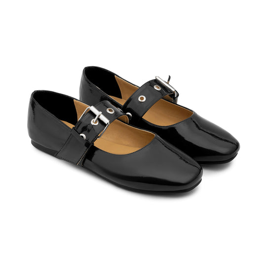 Belt Flat Mary Janes Vernis In Black