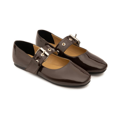 Belt Flat Mary Janes Vernis In Brown