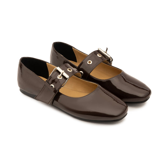 Belt Flat Mary Janes Vernis In Brown